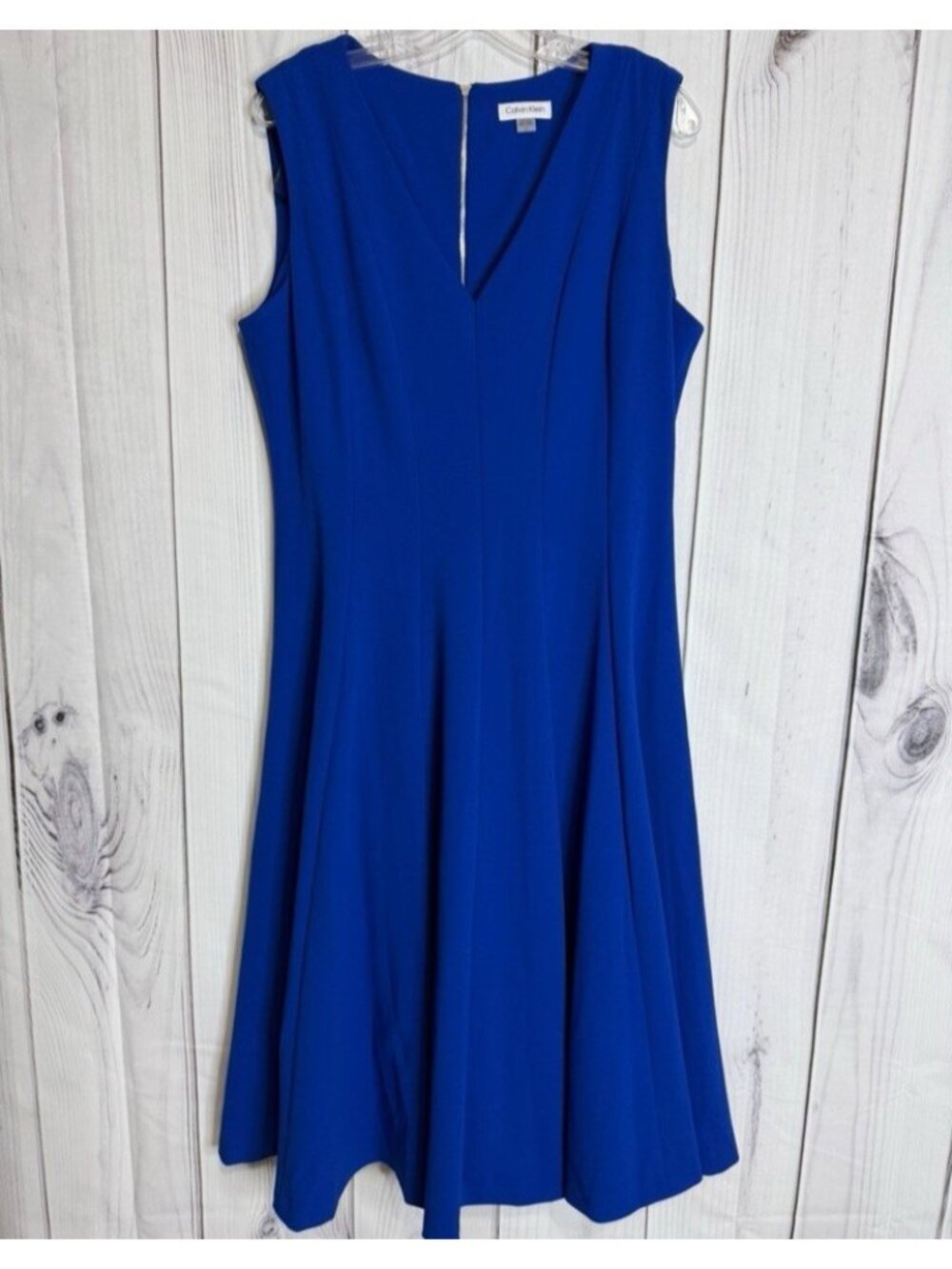 Calvin Klein Blue Solid V-Neck Sleeveless A-Line Midi Dress Pleated Zip Sz 14